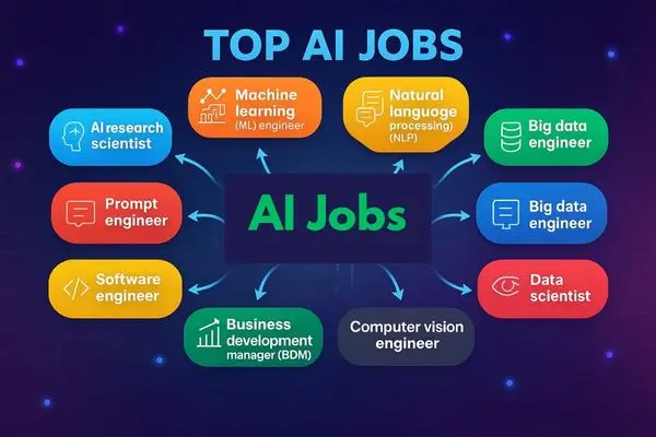 An infographic titled "TOP AI JOBS" with a mind map showing various roles like AI Research Scientist, Machine Learning Engineer, and Data Scientist.