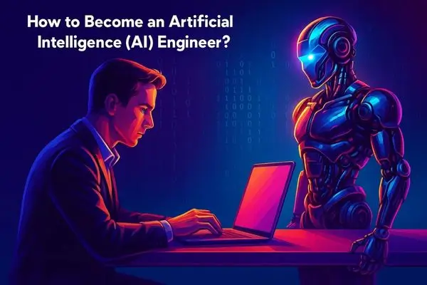 An illustration of a man sitting at a desk and typing on a laptop, with a humanoid robot standing behind him and the text "How to Become an Artificial Intelligence (AI) Engineer?"
