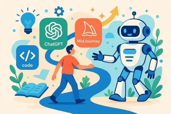 A colorful illustration of a person walking on a path toward a friendly robot, with icons for "ChatGPT," "MidJourney," and "code" floating nearby.Title: The Path to AI Tools