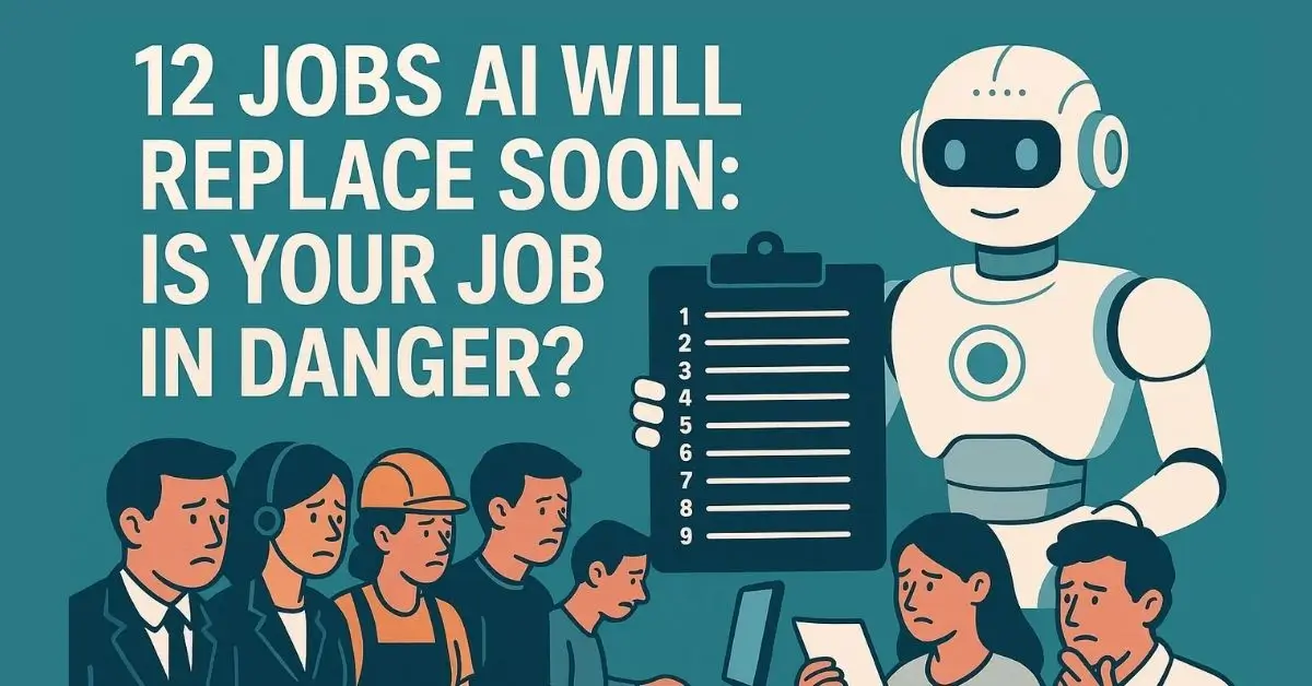 An illustration of a group of worried professionals from different sectors looking at a checklist held by a calm robot. The text reads "12 JOBS AI WILL REPLACE SOON: IS YOUR JOB IN DANGER?"