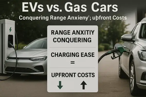 A side-by-side image of an electric vehicle charging next to a gasoline car at a fuel pump, with an overlay graphic highlighting a comparison of range anxiety, charging ease, and upfront costs.
