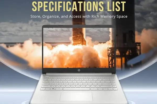 HP laptop displaying a rocket launch on screen with "SPECIFICATIONS LIST" overlay and text about rich memory space.