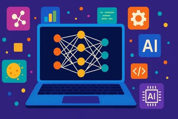 A vibrant illustration of a laptop displaying a neural network, surrounded by colorful icons representing AI, coding, and data analysis tools on a purple background.