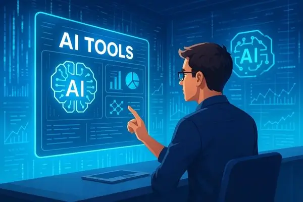An illustration of a person with glasses touching a large, futuristic holographic screen displaying "AI TOOLS" and various data visualizations like a mind map, a pie chart, and a bar chart.