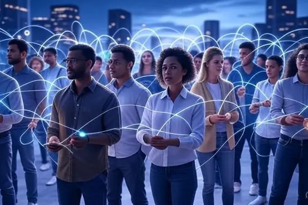 A group of diverse professionals standing in a city at night, connected by glowing, web-like lines of light.