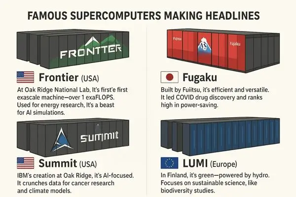 An infographic titled "FAMOUS SUPERCOMPUTERS MAKING HEADLINES" showing illustrations of the Frontier, Fugaku, Summit, and LUMI supercomputers, each with a brief description.
