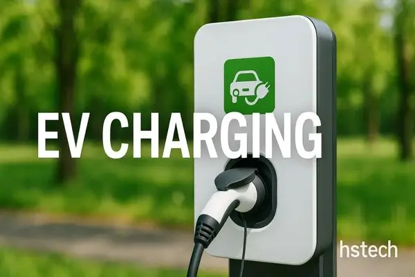 EV charging station with cable plugged in.