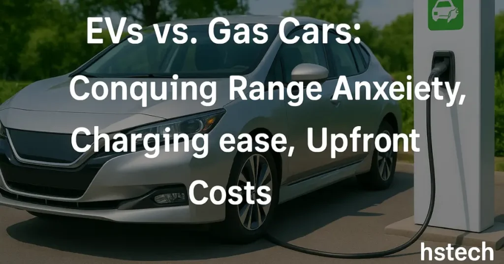 EV vs Gas Car Comparison, A side-by-side image of an electric vehicle charging next to a gasoline car at a fuel pump, with an overlay graphic highlighting a comparison of range anxiety, charging ease, and upfront costs.