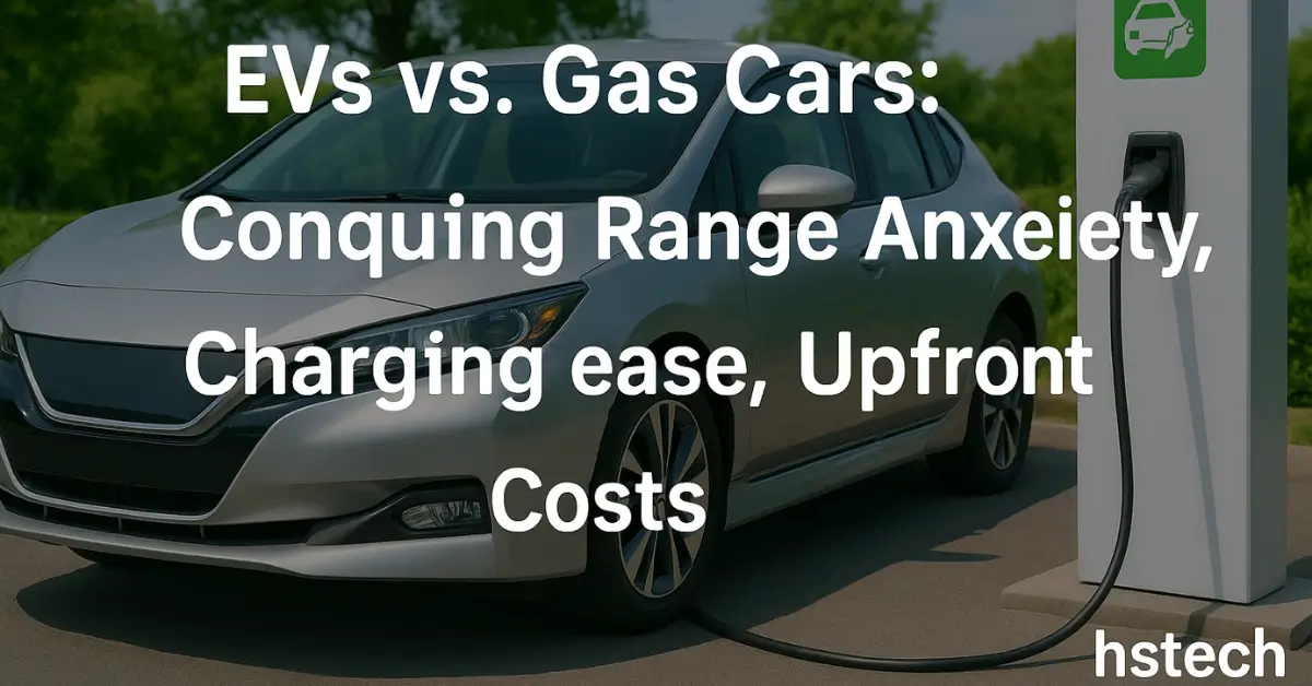 EV vs Gas Car Comparison, A side-by-side image of an electric vehicle charging next to a gasoline car at a fuel pump, with an overlay graphic highlighting a comparison of range anxiety, charging ease, and upfront costs.