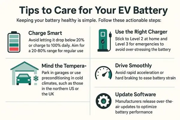 Infographic listing tips for EV battery care, including charging smart, using the right charger, minding temperature, driving smoothly, and updating software.