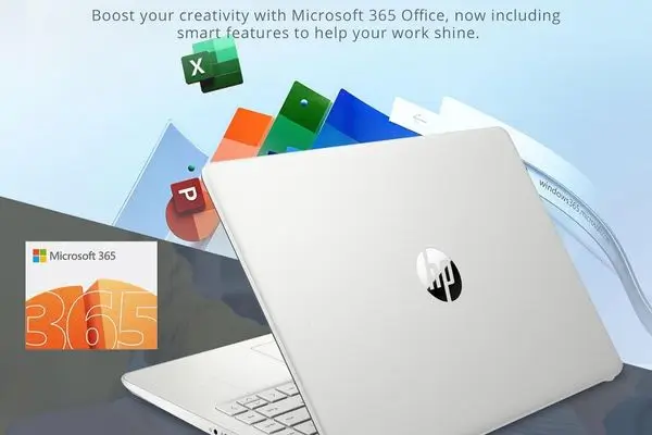 HP laptop with Microsoft 365 Office icons emerging from the screen, promoting creativity and smart features.