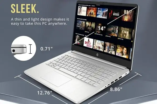 Sleek HP laptop design with dimensions shown, screen displaying a streaming service interface.