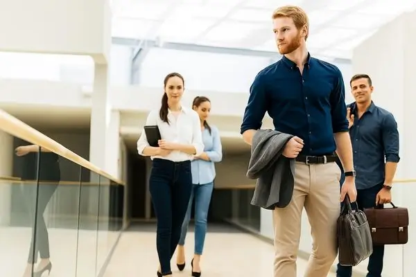 A group of business professionals walking confidently in a modern office hallway, led by a man in the foreground holding a laptop bag. AI Jobs