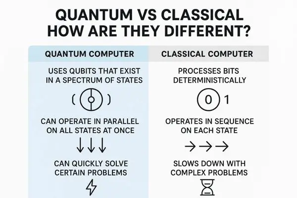 This infographic compares quantum and classical computers side-by-side. The left column, for "Quantum Computer," describes it as using "qubits that exist in a spectrum of states," operating "in parallel on all states at once," and solving "certain problems quickly." The right column, for "Classical Computer," says it "processes bits deterministically," operates "in sequence on each state," and "slows down with complex problems." Simple icons illustrate each point.