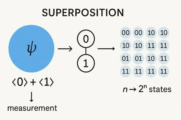 A diagram illustrating quantum superposition and the exponential growth of states. On the left, a blue circle with the Greek letter Psi (ψ) represents a quantum state, with the mathematical notation ⟨0∣+∣1⟩ below it. An arrow points to a single qubit shown as a circle with both 0 and 1. A final arrow leads to a grid of sixteen two-digit binary numbers, showing all possible states for two qubits. Below the grid, the formula n→2
n
states is displayed, representing the exponential growth.