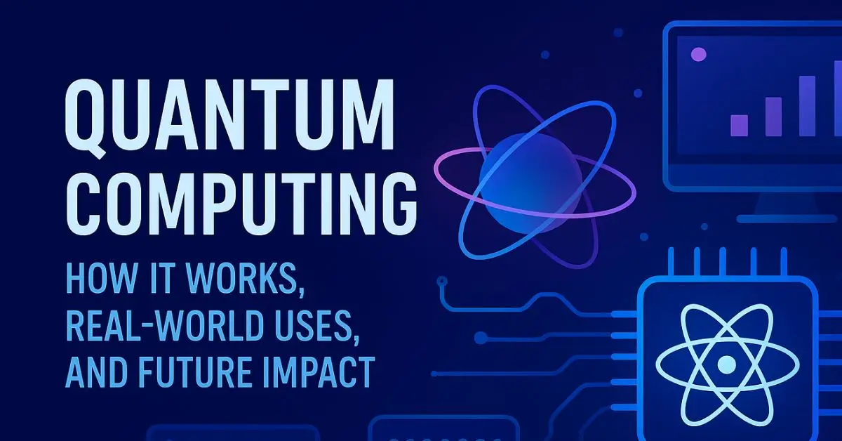 An illustration with the text "QUANTUM COMPUTING," "HOW IT WORKS, REAL-WORLD USES, AND FUTURE IMPACT" next to an atom and a circuit board.