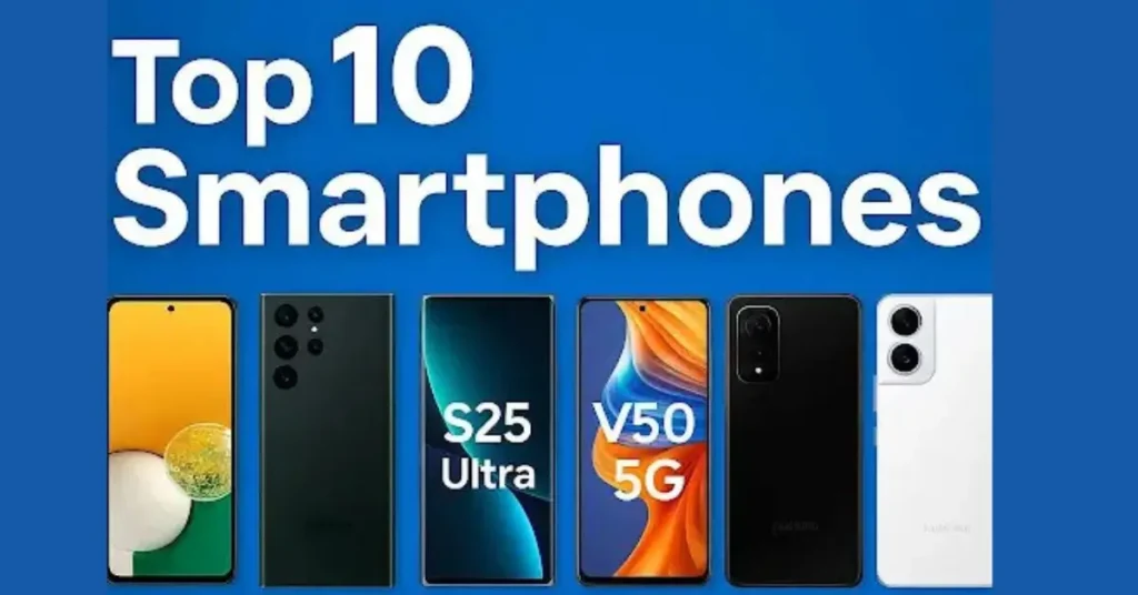 A banner with the text "Top Smartphones" over a row of six different smartphones, including models like the Samsung S25 Ultra and V50 5G.