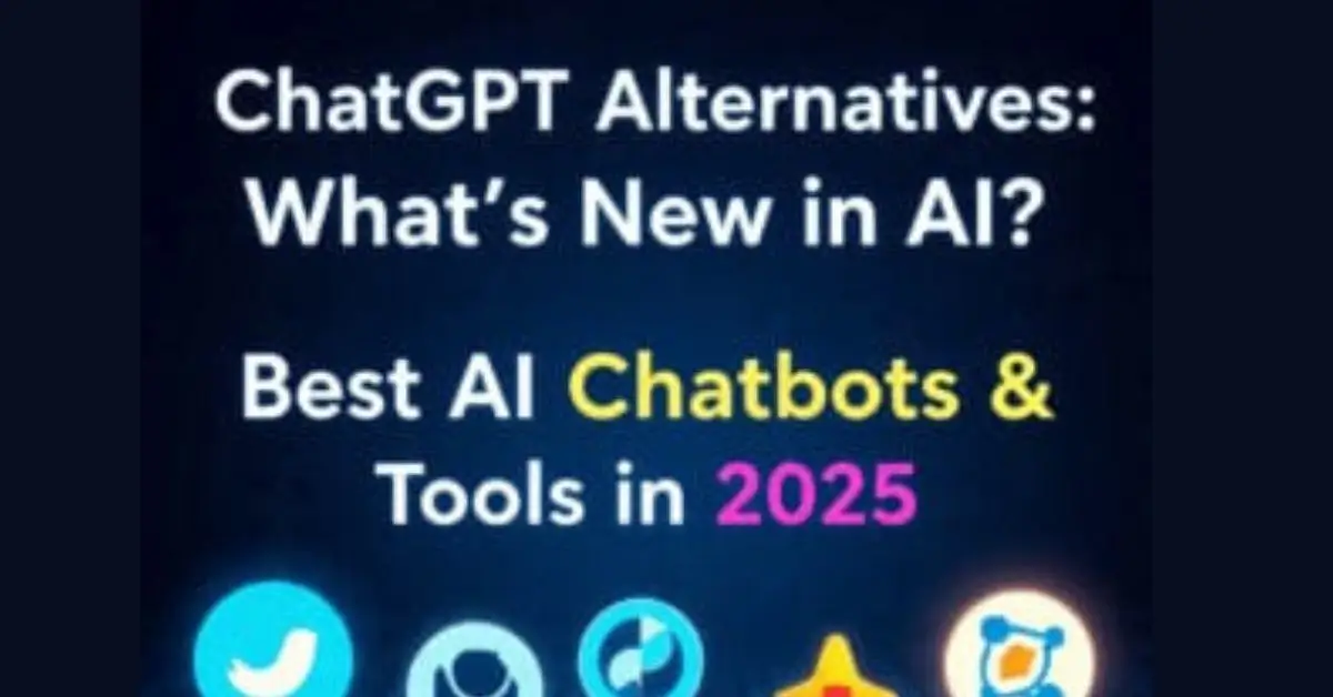 A graphic titled "ChatGPT Alternatives: What's New in AI?" featuring the text "Best AI Chatbots & Tools in 2025" and a row of app icons at the bottom.