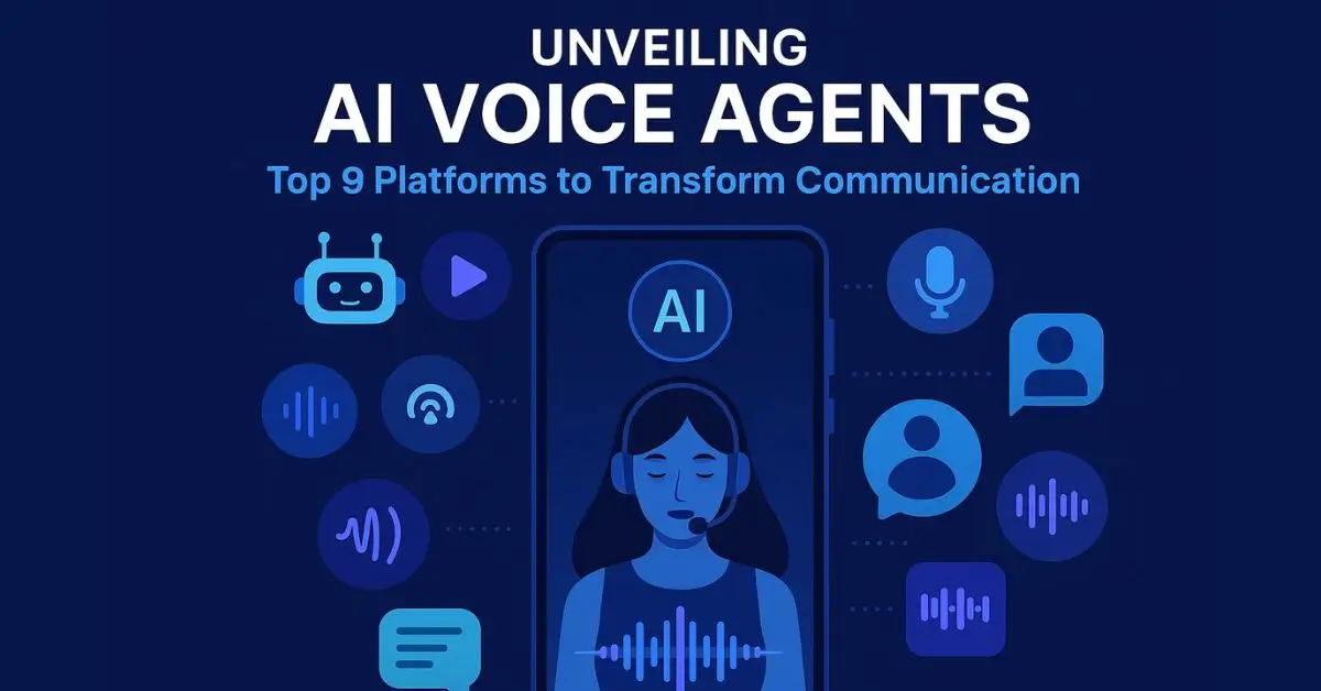 A dark blue graphic with the title "UNVEILING AI VOICE AGENTS" and icons representing a bot, a woman with a headset, and various voice and speech-related elements.