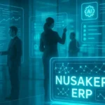 A futuristic image of business professionals using the Nusaker ERP system on holographic interfaces, symbolizing an AI-driven workplace.