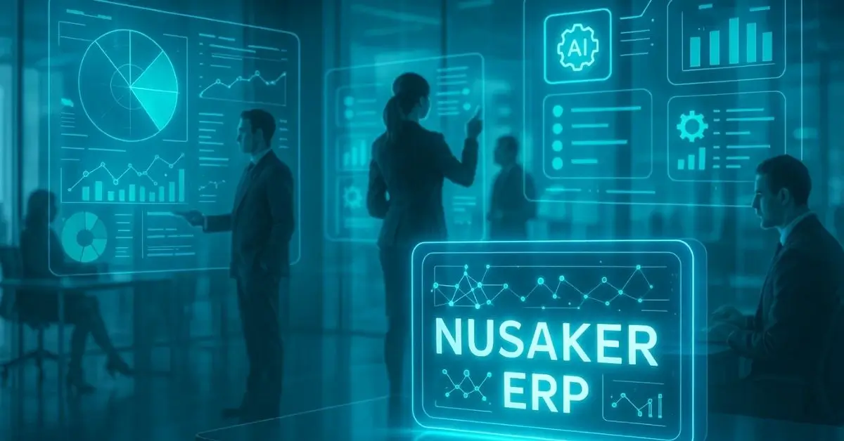 A futuristic image of business professionals using the Nusaker ERP system on holographic interfaces, symbolizing an AI-driven workplace.