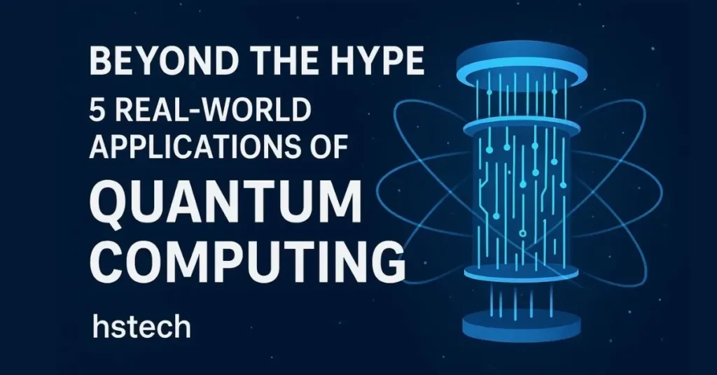 A split-screen graphic with text on the left and an illustration on the right. The text reads "Unlocking All About Quantum Computing" and "How it works, real-world uses, 5 impacts of its powers." The illustration shows a glowing quantum processor and a digital brain with lines connecting to a laptop.