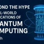 A split-screen graphic with text on the left and an illustration on the right. The text reads "Unlocking All About Quantum Computing" and "How it works, real-world uses, 5 impacts of its powers." The illustration shows a glowing quantum processor and a digital brain with lines connecting to a laptop.