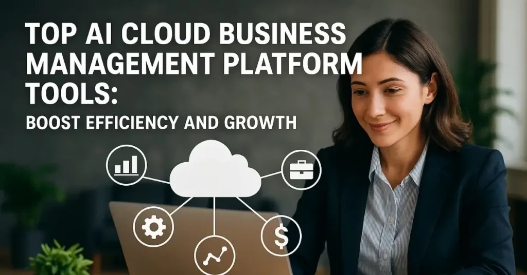 Businesswoman working on a laptop with AI cloud business management platform icons.