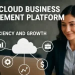 Businesswoman working on a laptop with AI cloud business management platform icons.