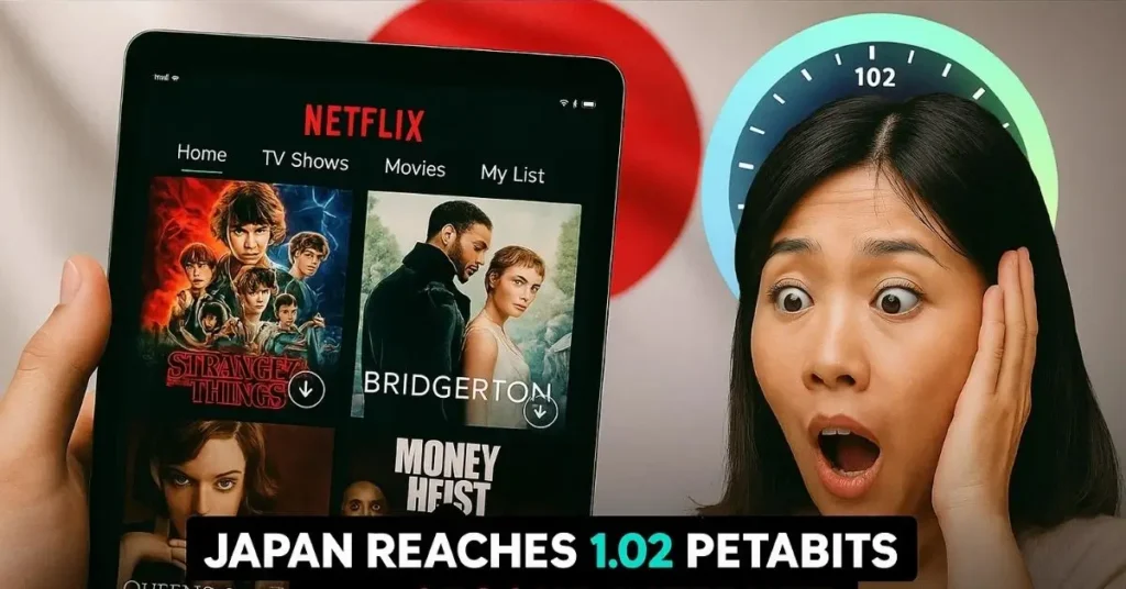 Japanese researchers' lab setup achieving 1.02 Pbps internet speed record in 2025, featuring optical fiber and tech equipment."