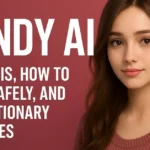 Candy AI promotional banner showing a young woman with text about safe use and precautionary measures.