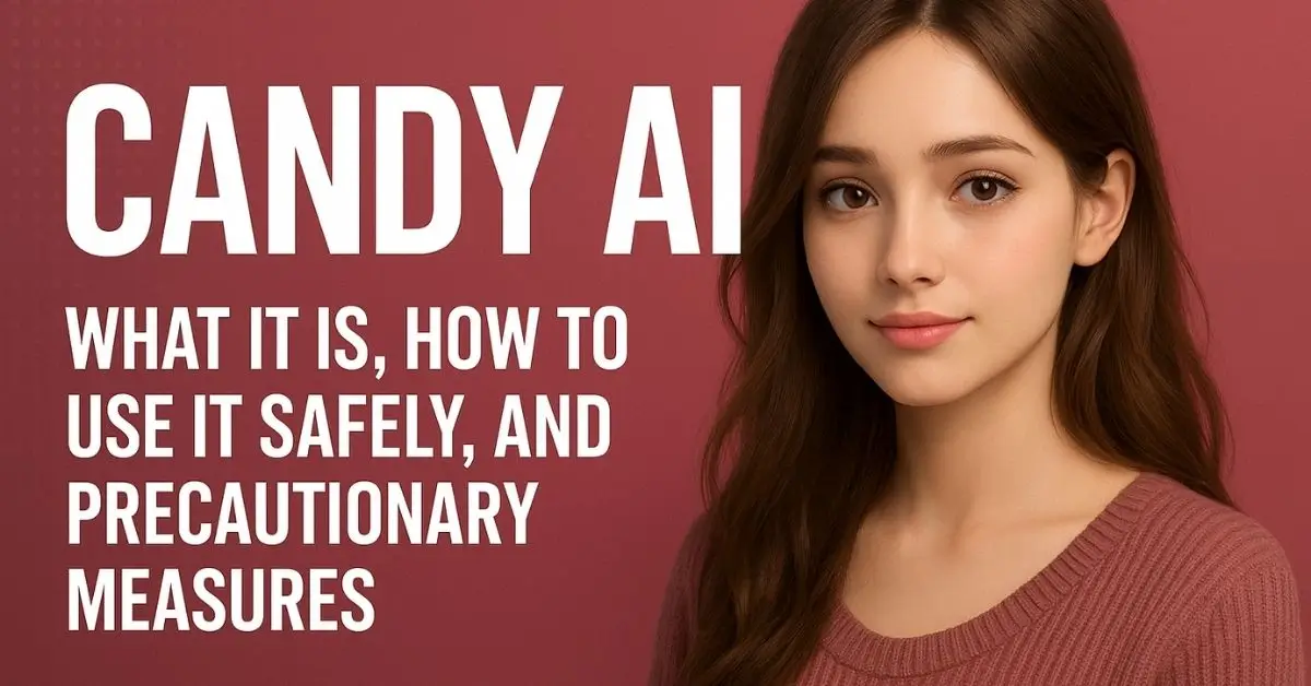 Candy AI promotional banner showing a young woman with text about safe use and precautionary measures.