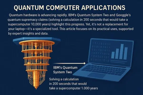 Applications of Quantum Computing: An illustration showing a massive, futuristic piece of quantum computing hardware next to a laptop. The text highlights how a quantum computer can solve a calculation in 200 seconds that would take a supercomputer 10,000 years.