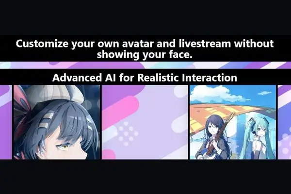 An advertisement for the AI Fantasy app showing a blue, wolf-like anime character and text that reads "Chat with AI characters."