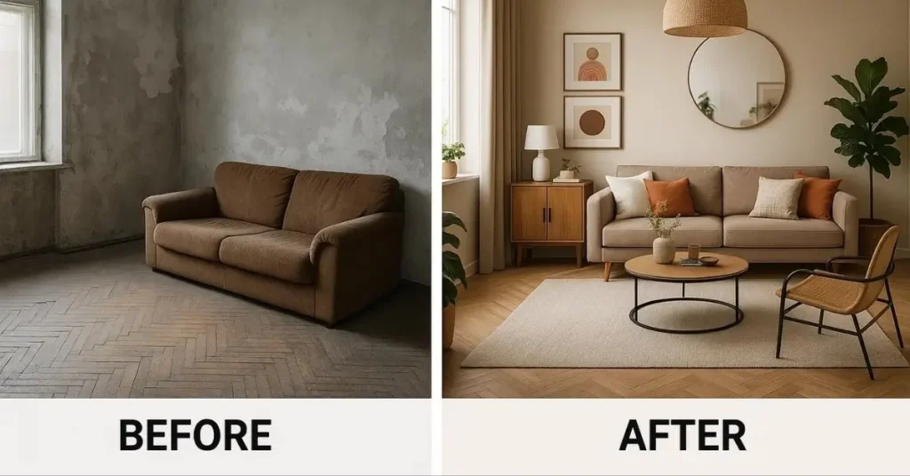 "Before and after comparison of a living room makeover showing transformation from an empty, dull space to a modern, cozy interior."