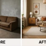 "Before and after comparison of a living room makeover showing transformation from an empty, dull space to a modern, cozy interior."