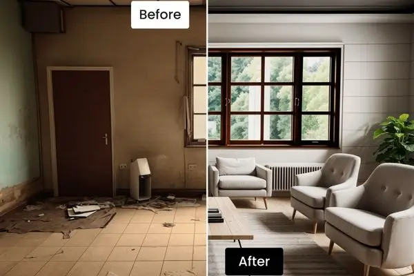 A before-and-after comparison of a room transformation using AI interior design, showing a dilapidated space with debris on the left and a stylish living room with modern furniture and a large window on the right.