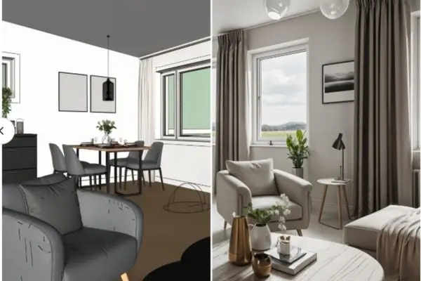 A split-screen comparison of a dining room design using an AI tool, showing a sketch on the left with a table and chairs, and a photorealistic render on the right with a cozy armchair, round coffee table, and modern decor near a window.