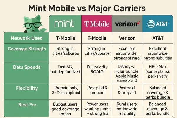 Mint mobile review: Comparison table of Mint Mobile versus major carriers like T-Mobile, Verizon, and AT&T, detailing network used, coverage strength, data speeds, flexibility, and best use cases.