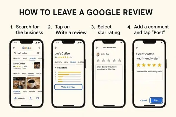 Step-by-step guide showing how to leave a Google review on a smartphone, featuring screenshots of searching, tapping "Write a review," selecting stars, and posting a comment.