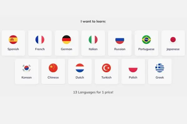 A grid showing the flags and names of the 13 languages available on Lingopie, including Spanish, French, German, Italian, Japanese, and Korean.