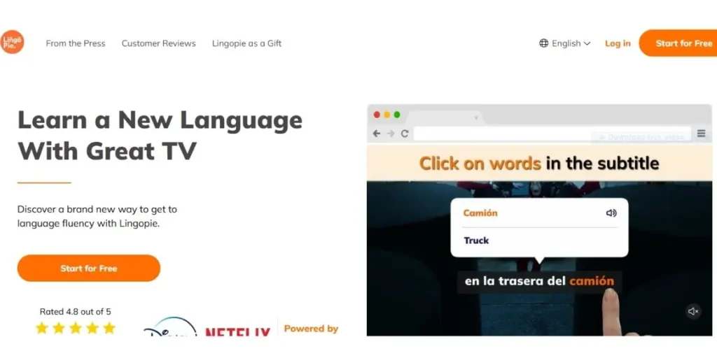 A screenshot of the Lingopie review website showing the headline "Learn a New Language With Great TV" and a demonstration of clicking on the Spanish word "camión" in the subtitles to see its English translation, "Truck".