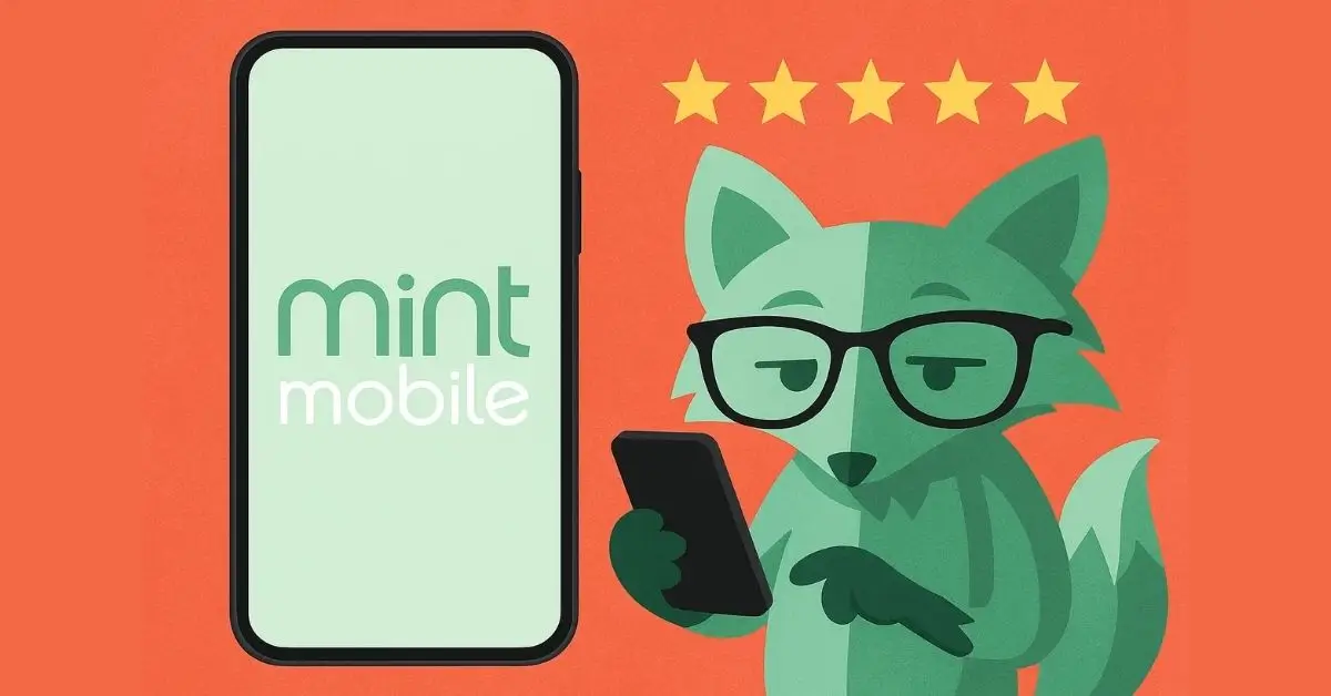 Illustrated fox character holding a smartphone with Mint Mobile logo on screen, accompanied by five yellow stars on an orange background.