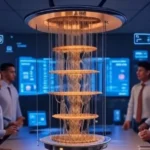 Guide to Quantum Computing ETFs list: Group of diverse professionals gathered around a futuristic quantum computer in a high-tech conference room with holographic displays.