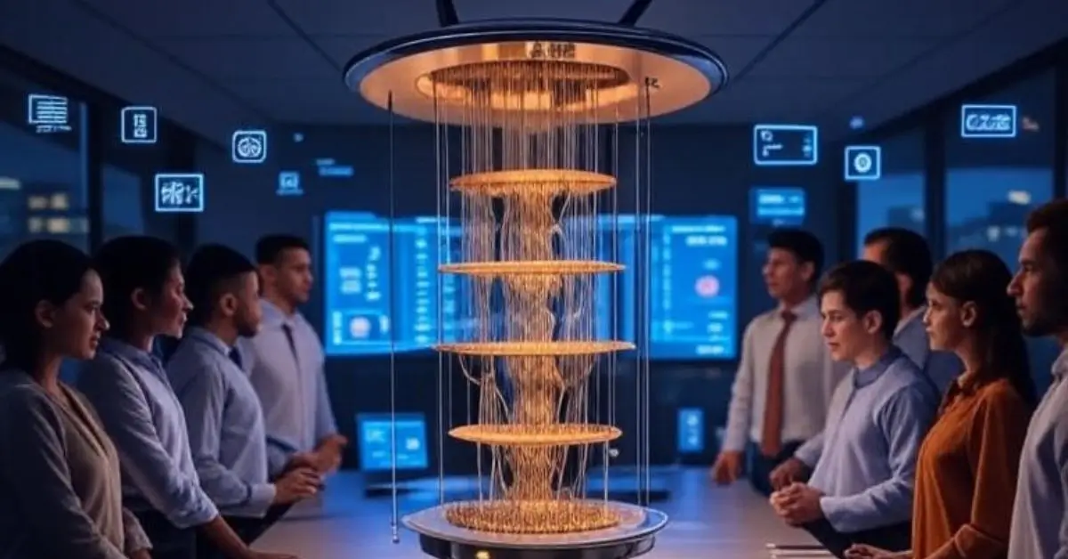Guide to Quantum Computing ETFs list: Group of diverse professionals gathered around a futuristic quantum computer in a high-tech conference room with holographic displays.