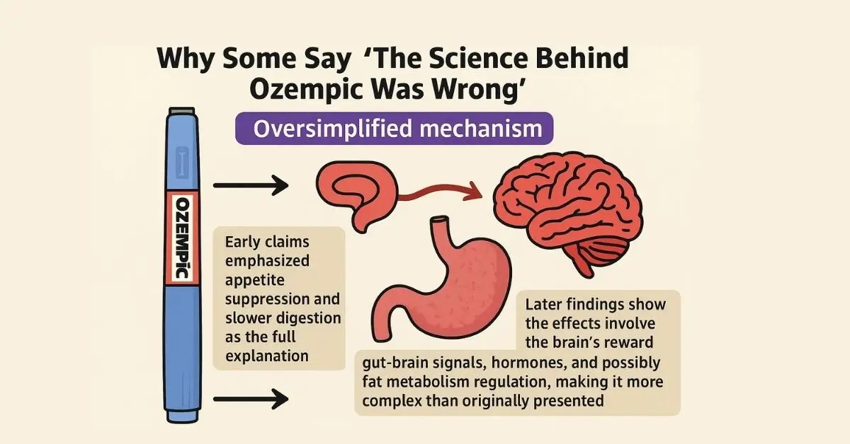 Diagram explaining the oversimplified science behind Ozempic, showing early appetite suppression claims versus later findings involving gut-brain signals and fat metabolism.