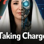 Half human, half AI robot face with Albanian flag, symbolizing AI minister concept.