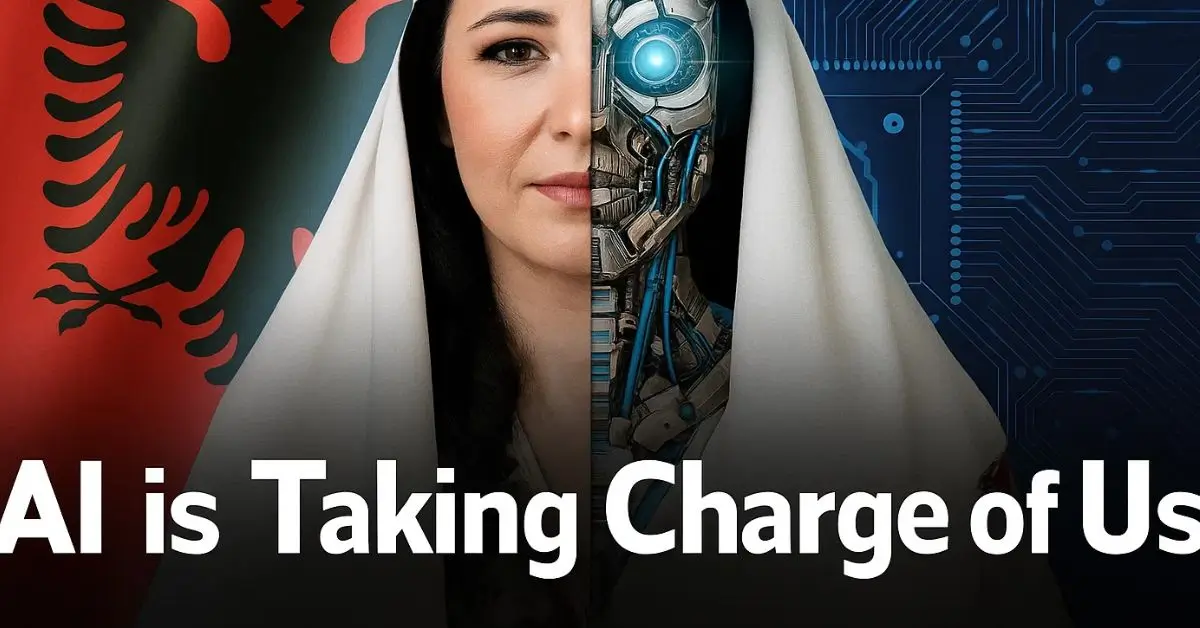 Half human, half AI robot face with Albanian flag, symbolizing AI minister concept.