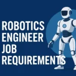 A graphic featuring a futuristic white and blue robot with the text "Robotics Engineer Job Requirements" on a dark blue background.