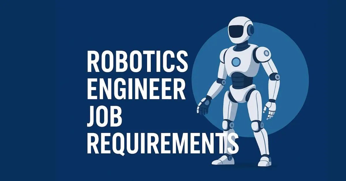 A graphic featuring a futuristic white and blue robot with the text "Robotics Engineer Job Requirements" on a dark blue background.